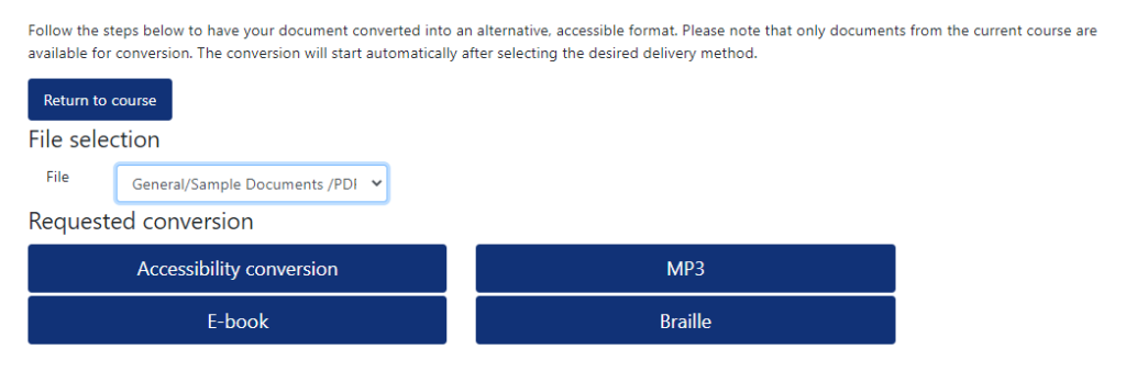 screenshot of file conversion options: accessibility conversion, MP3, e-book and Braille