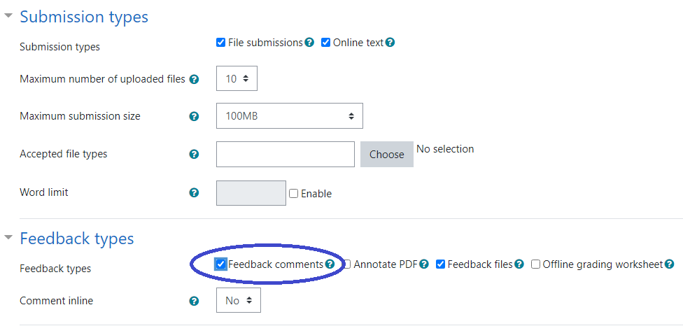 screenshot of assignment options for Feedback types with "Feedback comments" circled.