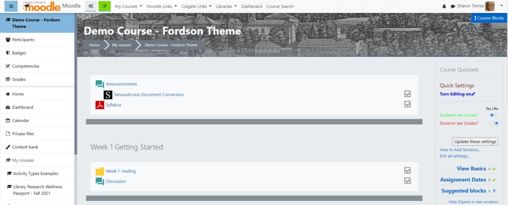 screenshot of Moodle course home page with the Fordson theme