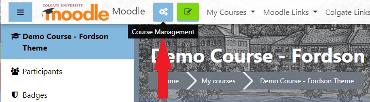 screenshot of moodle course home page with arrow pointing to the course management button in the upper left corner.