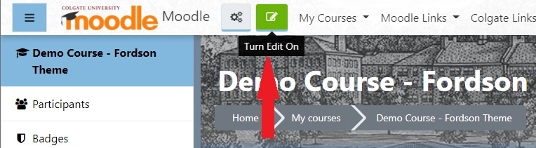 screenshot of moodle course home page with arrow pointing to the turn editing on/off button in the upper left corner.