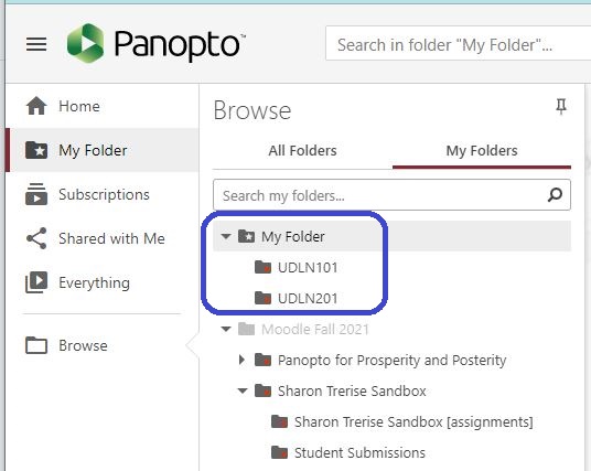 screenshot of browse folders in panopto showing My Folder with 2 course subfolders named UDLN101 and UDLN201